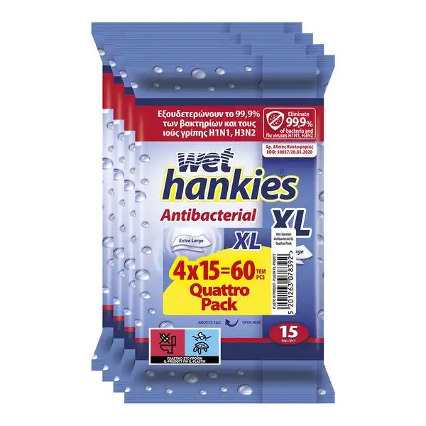 ΜΑΝΤΗΛΑΚΙΑ ΥΓΡΑ WET HANKIES ANTIBACTERIAL 4x15τεμ