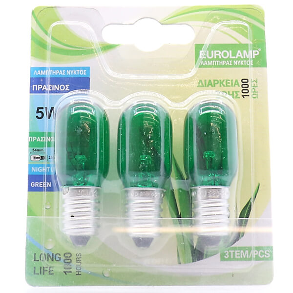 ΛΑΜΠΑ ΝΥΚΤΟΣ EUROLAMP 5W E14 ΠΡΑΣΙΝΗ 3τεμ BLISTER 220-240V